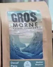 Gros Morne Coffee Roasters Decaf Peru, medium roast Swiss Water Process decaf bag with a blue mountain label